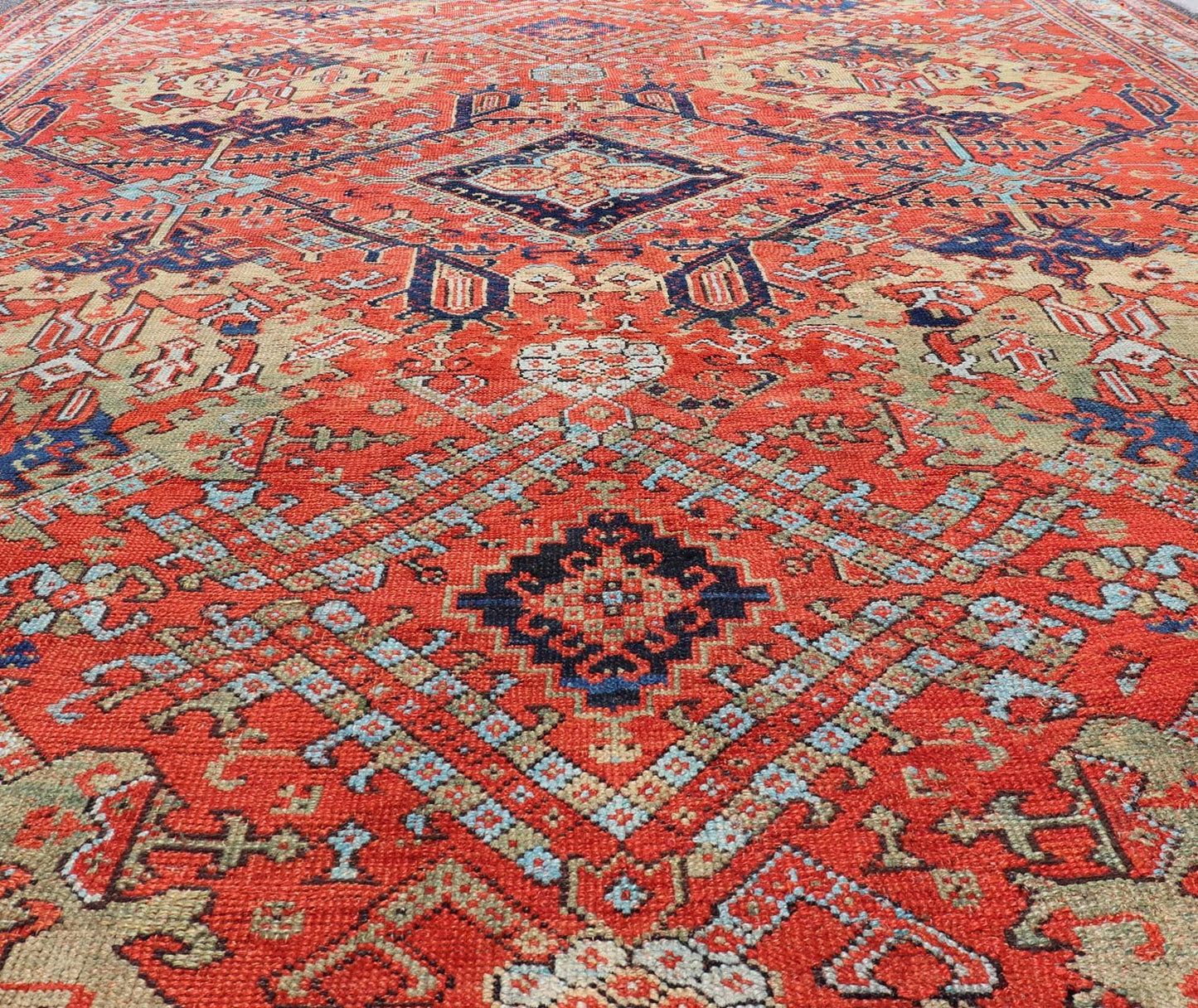 Early 20th Century Antique Oushak Rug in Large Medallions by Keivan Woven Arts Measures: 12'0 x 14'7 Keivan Woven Arts Early 20th Century Antique Turkish Oushak Rug. Keivan Woven Arts / rug KBE - 240205, country of origin / type: Turkey ... - Keivan Woven ArtsKBE - 240205 - 27652Rug