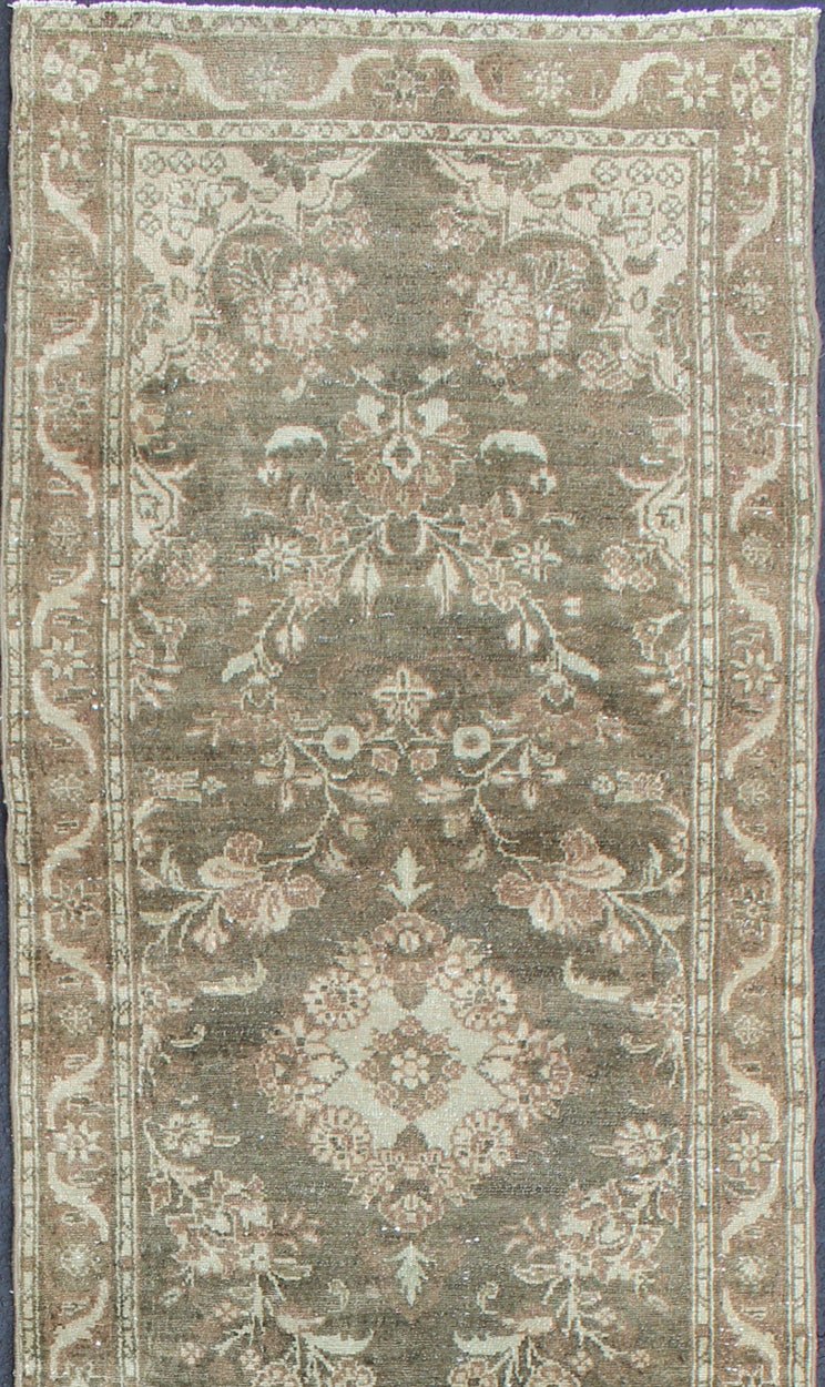 Very Long Antique Persian Runner with Floral Medallions in Warm Sage Green, camel and light Brown. 1930's Persian Antique Hamedan long runner with floral medallion design in Warm Sage Green, light brown rug 212 - 8, country of origin / type: Iran... - Keivan Woven ArtsKBE - H - 212 - 8 - 1338Rug