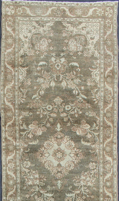 Very Long Antique Persian Runner with Floral Medallions in Warm Sage Green, camel and light Brown. 1930's Persian Antique Hamedan long runner with floral medallion design in Warm Sage Green, light brown rug 212 - 8, country of origin / type: Iran... - Keivan Woven ArtsKBE - H - 212 - 8 - 1338Rug
