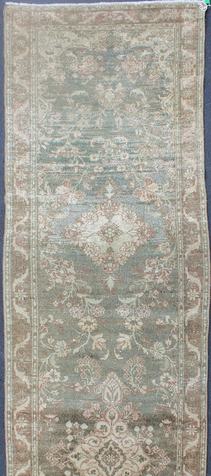 Very Long Antique Persian Runner with Floral Medallions in Warm Sage Green, camel and light Brown. 1930's Persian Antique Hamedan long runner with floral medallion design in Warm Sage Green, light brown rug 212 - 8, country of origin / type: Iran... - Keivan Woven ArtsKBE - H - 212 - 8 - 1338Rug