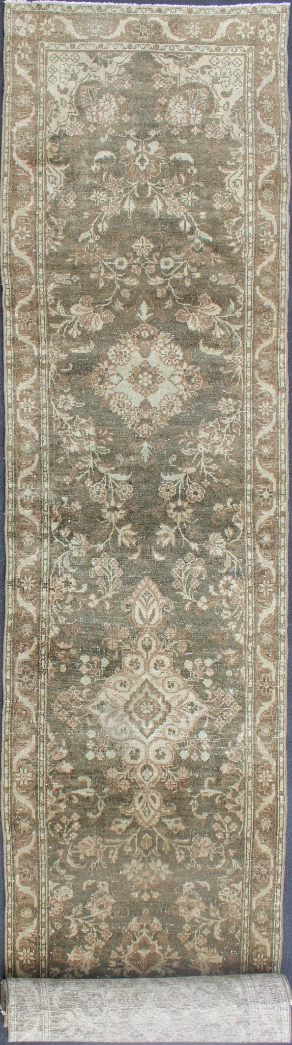 Very Long Antique Persian Runner with Floral Medallions in Warm Sage Green, camel and light Brown. 1930's Persian Antique Hamedan long runner with floral medallion design in Warm Sage Green, light brown rug 212 - 8, country of origin / type: Iran... - Keivan Woven ArtsKBE - H - 212 - 8 - 1338Rug