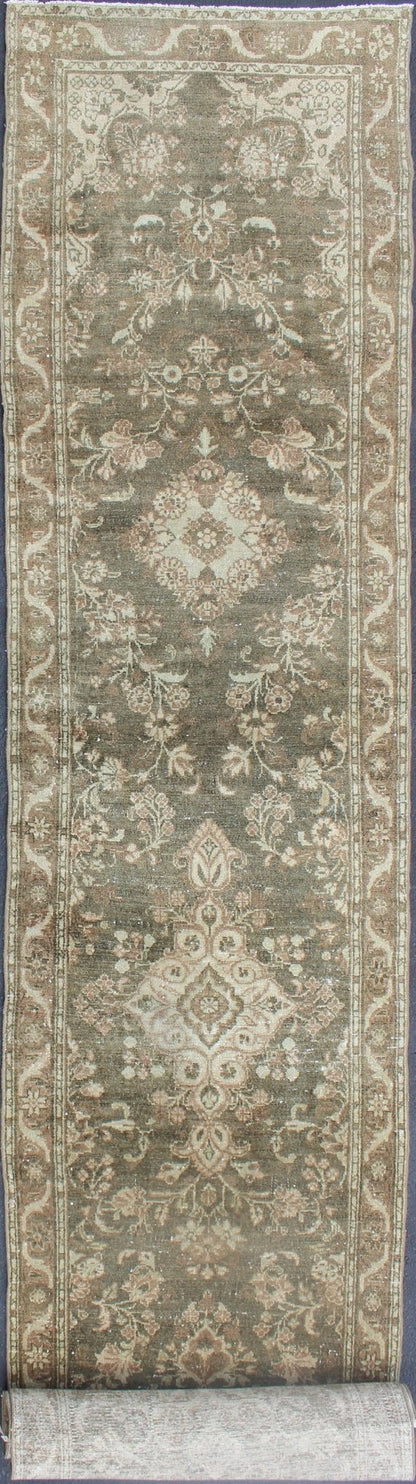 Very Long Antique Persian Runner with Floral Medallions in Warm Sage Green, camel and light Brown. 1930's Persian Antique Hamedan long runner with floral medallion design in Warm Sage Green, light brown rug 212 - 8, country of origin / type: Iran... - Keivan Woven ArtsKBE - H - 212 - 8 - 1338Rug