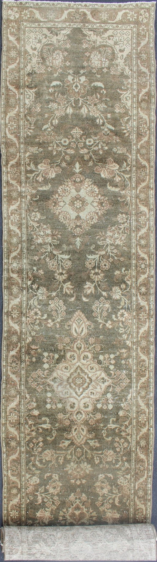 Very Long Antique Persian Runner with Floral Medallions in Warm Sage Green, camel and light Brown. 1930's Persian Antique Hamedan long runner with floral medallion design in Warm Sage Green, light brown rug 212 - 8, country of origin / type: Iran... - Keivan Woven ArtsKBE - H - 212 - 8 - 1338Rug