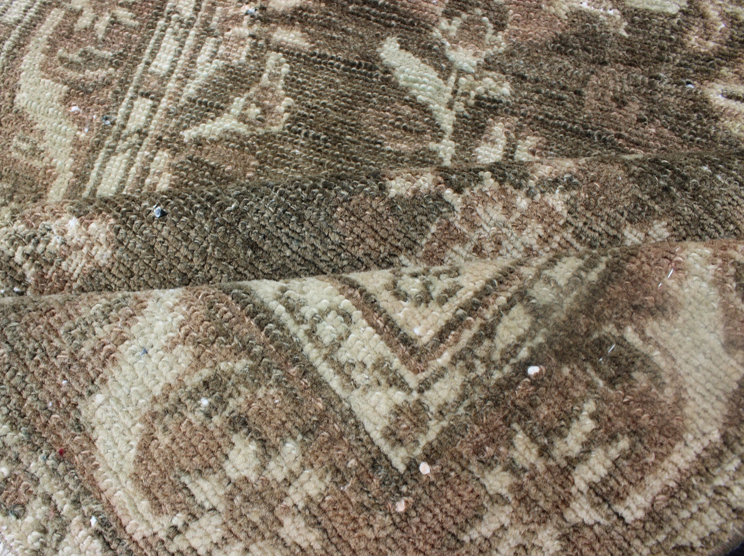 Very Long Antique Persian Runner with Floral Medallions in Warm Sage Green, camel and light Brown. 1930's Persian Antique Hamedan long runner with floral medallion design in Warm Sage Green, light brown rug 212 - 8, country of origin / type: Iran... - Keivan Woven ArtsKBE - H - 212 - 8 - 1338Rug