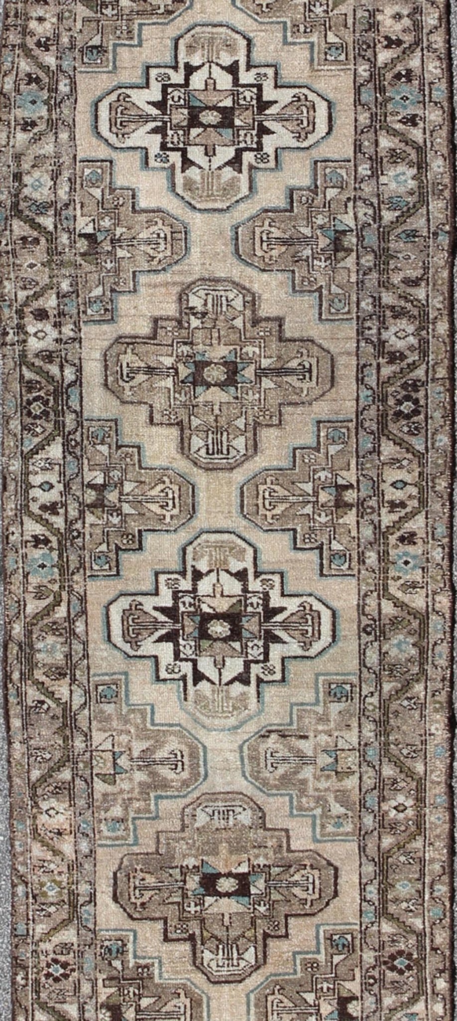 Antique Persian Hamadan runner with stacked medallion in taupe, ivory, blue, rug kbe - h - 701 - 11, country of origin / type: Iran / Hamadan, circa 1900 This antique Persian Hamadan long runner from early 20th century Iran features a vertical arrange... - Keivan Woven ArtsKBE - H - 701 - 11 - 287Rug
