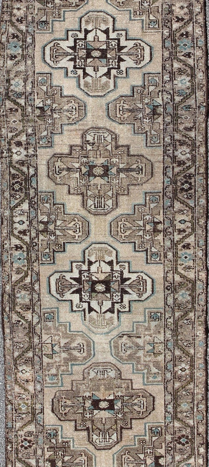 Antique Persian Hamadan runner with stacked medallion in taupe, ivory, blue, rug kbe - h - 701 - 11, country of origin / type: Iran / Hamadan, circa 1900 This antique Persian Hamadan long runner from early 20th century Iran features a vertical arrange... - Keivan Woven ArtsKBE - H - 701 - 11 - 287Rug