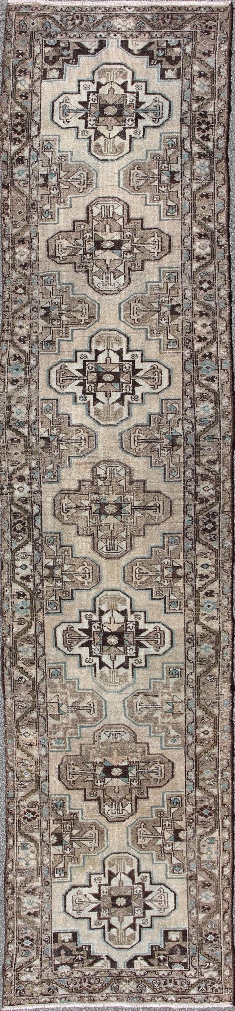 Antique Persian Hamadan runner with stacked medallion in taupe, ivory, blue, rug kbe - h - 701 - 11, country of origin / type: Iran / Hamadan, circa 1900 This antique Persian Hamadan long runner from early 20th century Iran features a vertical arrange... - Keivan Woven ArtsKBE - H - 701 - 11 - 287Rug