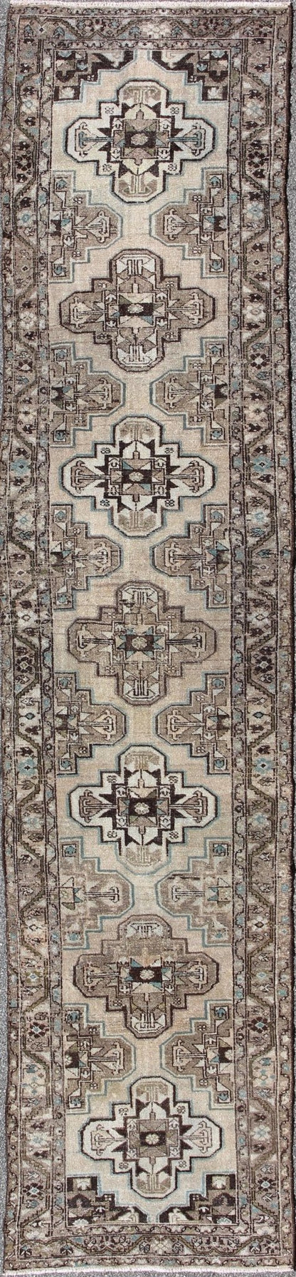 Antique Persian Hamadan runner with stacked medallion in taupe, ivory, blue, rug kbe - h - 701 - 11, country of origin / type: Iran / Hamadan, circa 1900 This antique Persian Hamadan long runner from early 20th century Iran features a vertical arrange... - Keivan Woven ArtsKBE - H - 701 - 11 - 287Rug