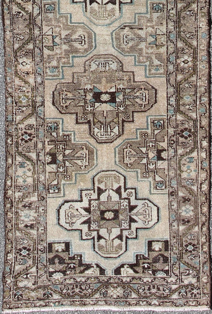 Antique Persian Hamadan runner with stacked medallion in taupe, ivory, blue, rug kbe - h - 701 - 11, country of origin / type: Iran / Hamadan, circa 1900 This antique Persian Hamadan long runner from early 20th century Iran features a vertical arrange... - Keivan Woven ArtsKBE - H - 701 - 11 - 287Rug