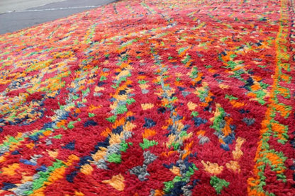Mid - Century Tribal Moroccan Vintage Rug with Colorful, Vibrant Diamond Pattern Measures: 6'8'' x 10'6''. This Moroccan rug has a vibrant all - over diamond geometric pattern with navy blue outlines, set on a field shaded with orange and red. Th... - Keivan Woven ArtsKBE - LCB - 136650 - 7345Rug