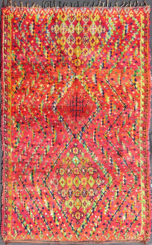 Mid - Century Tribal Moroccan Vintage Rug with Colorful, Vibrant Diamond Pattern Measures: 6'8'' x 10'6''. This Moroccan rug has a vibrant all - over diamond geometric pattern with navy blue outlines, set on a field shaded with orange and red. Th... - Keivan Woven ArtsKBE - LCB - 136650 - 7345Rug