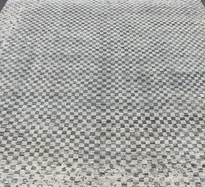 Modern Design Destressed Rug by Keivan Woven Arts. Minimalist and Modern Design Destressed Rug in Shades of Teal, White, Teal Blue, Teal green and charcoal along with white modern checkered designed piled rug, rug KHN - 1025 - TR - 453, country of origin... - Keivan Woven ArtsKHN - 1025 - TR - 453 - 13534