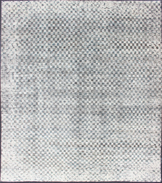 Modern Design Destressed Rug by Keivan Woven Arts. Minimalist and Modern Design Destressed Rug in Shades of Teal, White, Teal Blue, Teal green and charcoal along with white modern checkered designed piled rug, rug KHN - 1025 - TR - 453, country of origin... - Keivan Woven ArtsKHN - 1025 - TR - 453 - 13534