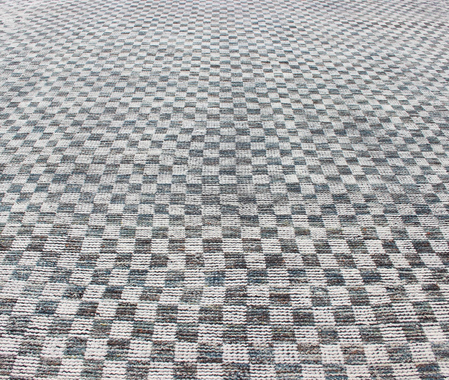 Modern Design Destressed Rug by Keivan Woven Arts. Minimalist and Modern Design Destressed Rug in Shades of Teal, White, Teal Blue, Teal green and charcoal along with white modern checkered designed piled rug, rug KHN - 1025 - TR - 453, country of origin... - Keivan Woven ArtsKHN - 1025 - TR - 453 - 13534