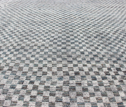 Modern Design Destressed Rug by Keivan Woven Arts. Minimalist and Modern Design Destressed Rug in Shades of Teal, White, Teal Blue, Teal green and charcoal along with white modern checkered designed piled rug, rug KHN - 1025 - TR - 453, country of origin... - Keivan Woven ArtsKHN - 1025 - TR - 453 - 13534