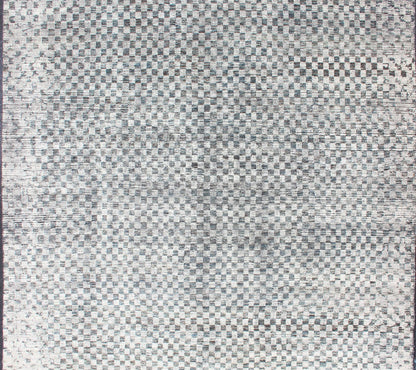 Modern Design Destressed Rug by Keivan Woven Arts. Minimalist and Modern Design Destressed Rug in Shades of Teal, White, Teal Blue, Teal green and charcoal along with white modern checkered designed piled rug, rug KHN - 1025 - TR - 453, country of origin... - Keivan Woven ArtsKHN - 1025 - TR - 453 - 13534