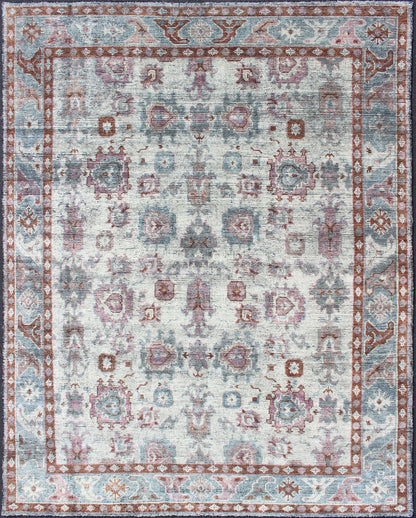 Multi - Colored Transitional Design Distressed Rug in Ivory, Blue, Lavender. Distressed multi colored design Indian piled rug, rug KHN - 1026 - TR - 781, country of origin / type: India / Modern Piled Rug. A unique blend of historical and modern des... - Keivan Woven ArtsKHN - 1026 - TR - 781 - 13540Rug