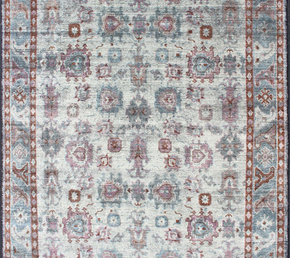 Multi - Colored Transitional Design Distressed Rug in Ivory, Blue, Lavender. Distressed multi colored design Indian piled rug, rug KHN - 1026 - TR - 781, country of origin / type: India / Modern Piled Rug. A unique blend of historical and modern des... - Keivan Woven ArtsKHN - 1026 - TR - 781 - 13540Rug