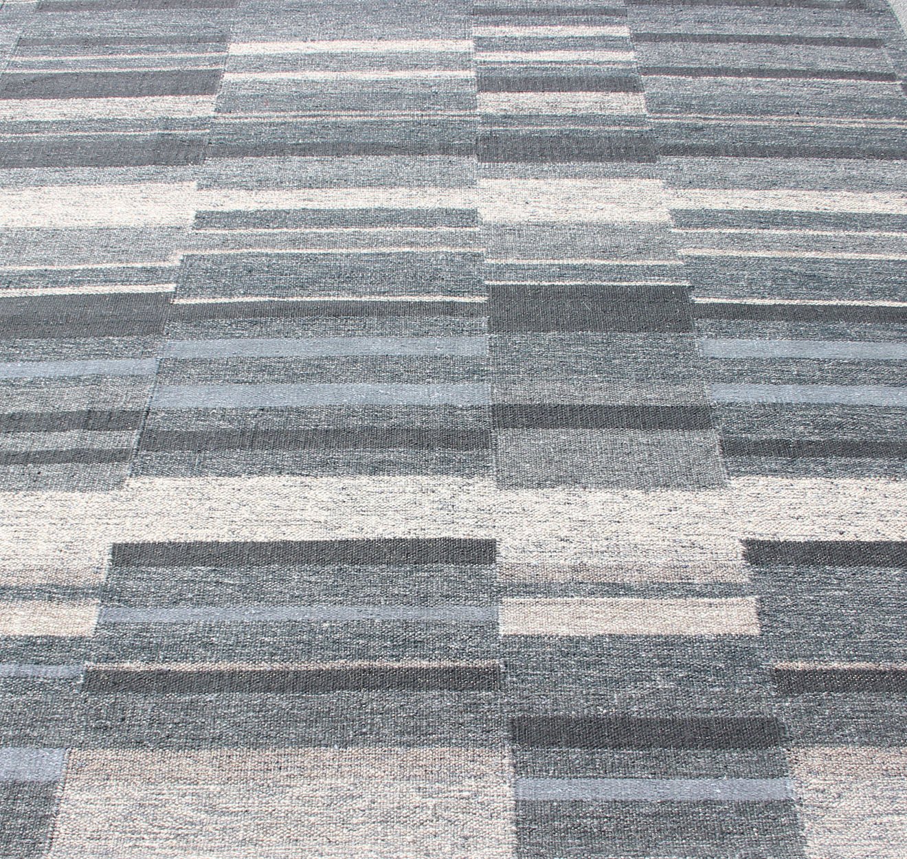 Modern Scandinavian Flat - Weave Rug With Striped Panel Design in Gray, Steel Blue Keivan Woven Arts - Modern Scandinavian flat - weave rug with paneled design in gray, dark gray blue, blue gray , steel blue and ivory. rug KHN - 1032 - SW - 07, country of orig... - Keivan Woven ArtsKHN - 1032 - SW - 07 - 13548Rug