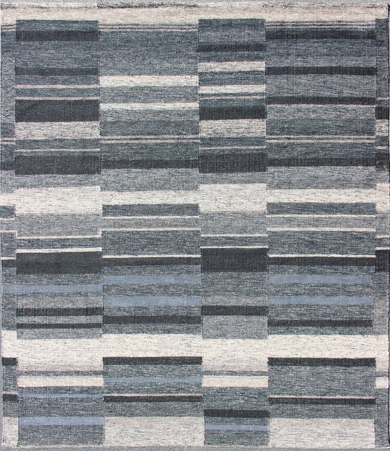 Modern Scandinavian Flat - Weave Rug With Striped Panel Design in Gray, Steel Blue Keivan Woven Arts - Modern Scandinavian flat - weave rug with paneled design in gray, dark gray blue, blue gray , steel blue and ivory. rug KHN - 1032 - SW - 07, country of orig... - Keivan Woven ArtsKHN - 1032 - SW - 07 - 13548Rug
