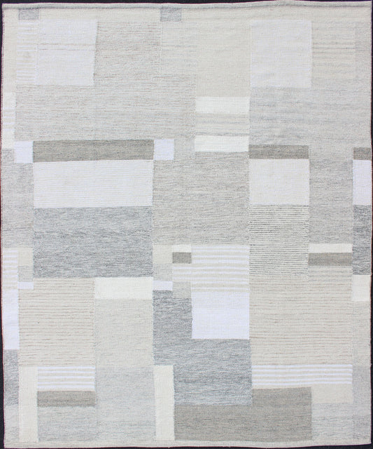 Modern Scandinavian Flat - Weave Rug Design in Gray, beige, Creams & White Tones. Gray, beige, light Brown, white and cream modern design Scandinavian style flat - weave rug, rug rjk - 20011 - shb - 004 - 02, country of origin / type: India / Scandinavian f... - Keivan Woven ArtsKHN - 1037 - SW - 08 - 13560Rug