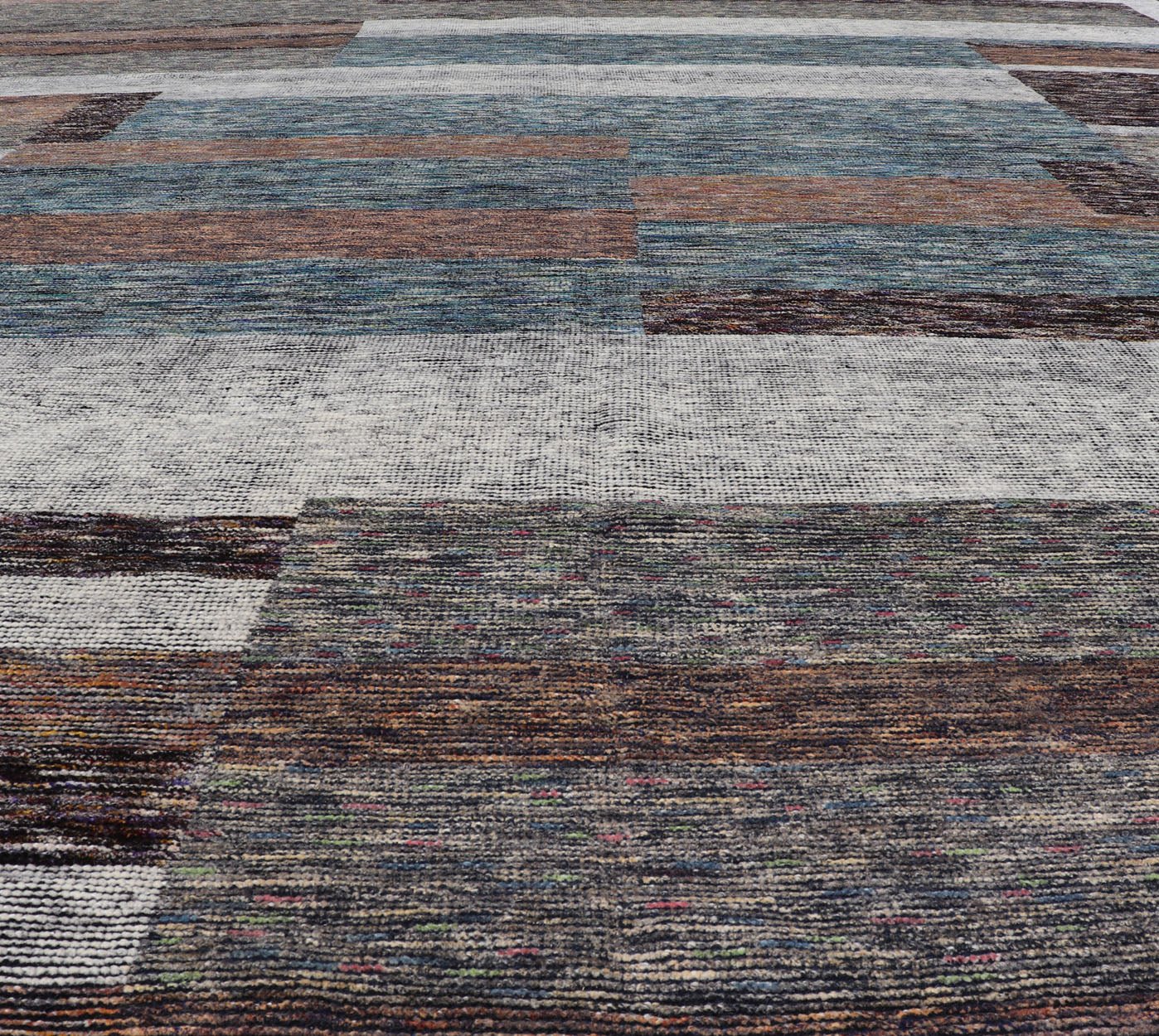 Modern Indian Wool Abstract Design Large Area Rug in Blues and Neutrals Measures 11'10 x 14'10 This oversized area rug features soft wool hand - knotted into a durable and smooth pile. The field has no border, and displays an abstract desi... - Keivan Woven ArtsKHN - 18953 - TR - 692 - 21018