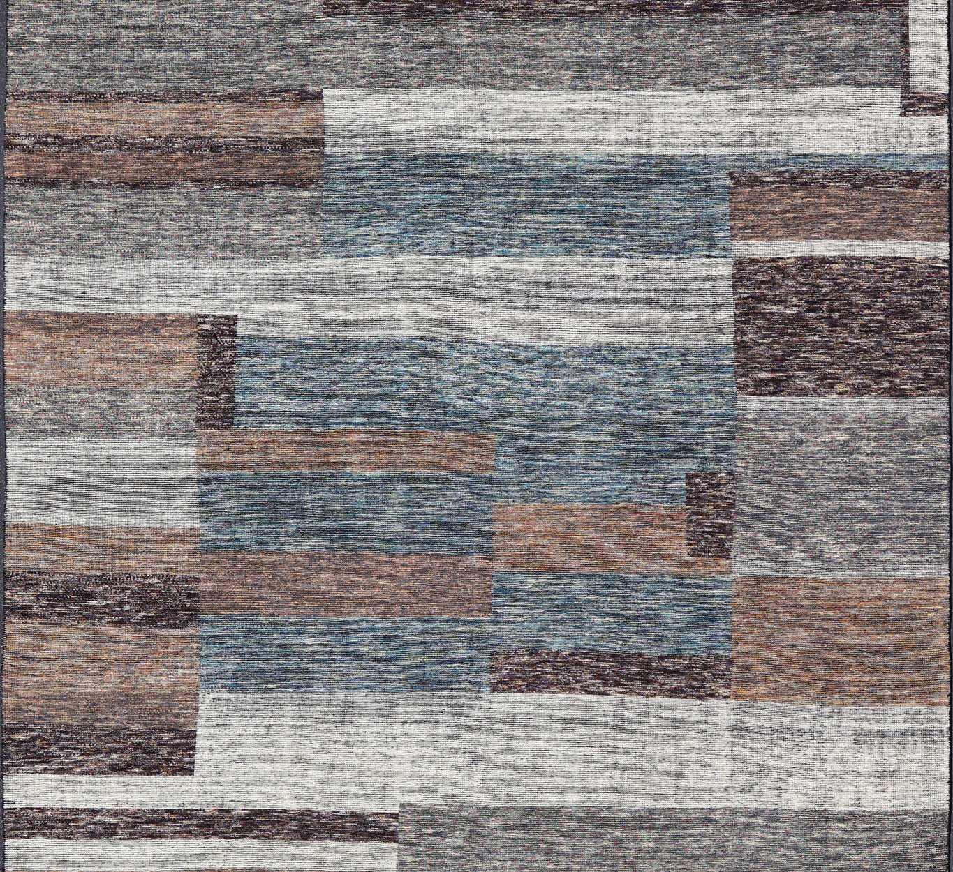 Modern Indian Wool Abstract Design Large Area Rug in Blues and Neutrals Measures 11'10 x 14'10 This oversized area rug features soft wool hand - knotted into a durable and smooth pile. The field has no border, and displays an abstract desi... - Keivan Woven ArtsKHN - 18953 - TR - 692 - 21018