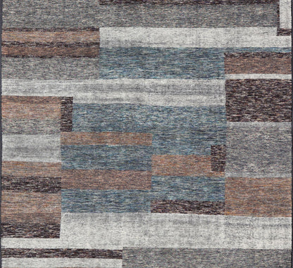 Modern Indian Wool Abstract Design Large Area Rug in Blues and Neutrals Measures 11'10 x 14'10 This oversized area rug features soft wool hand - knotted into a durable and smooth pile. The field has no border, and displays an abstract desi... - Keivan Woven ArtsKHN - 18953 - TR - 692 - 21018
