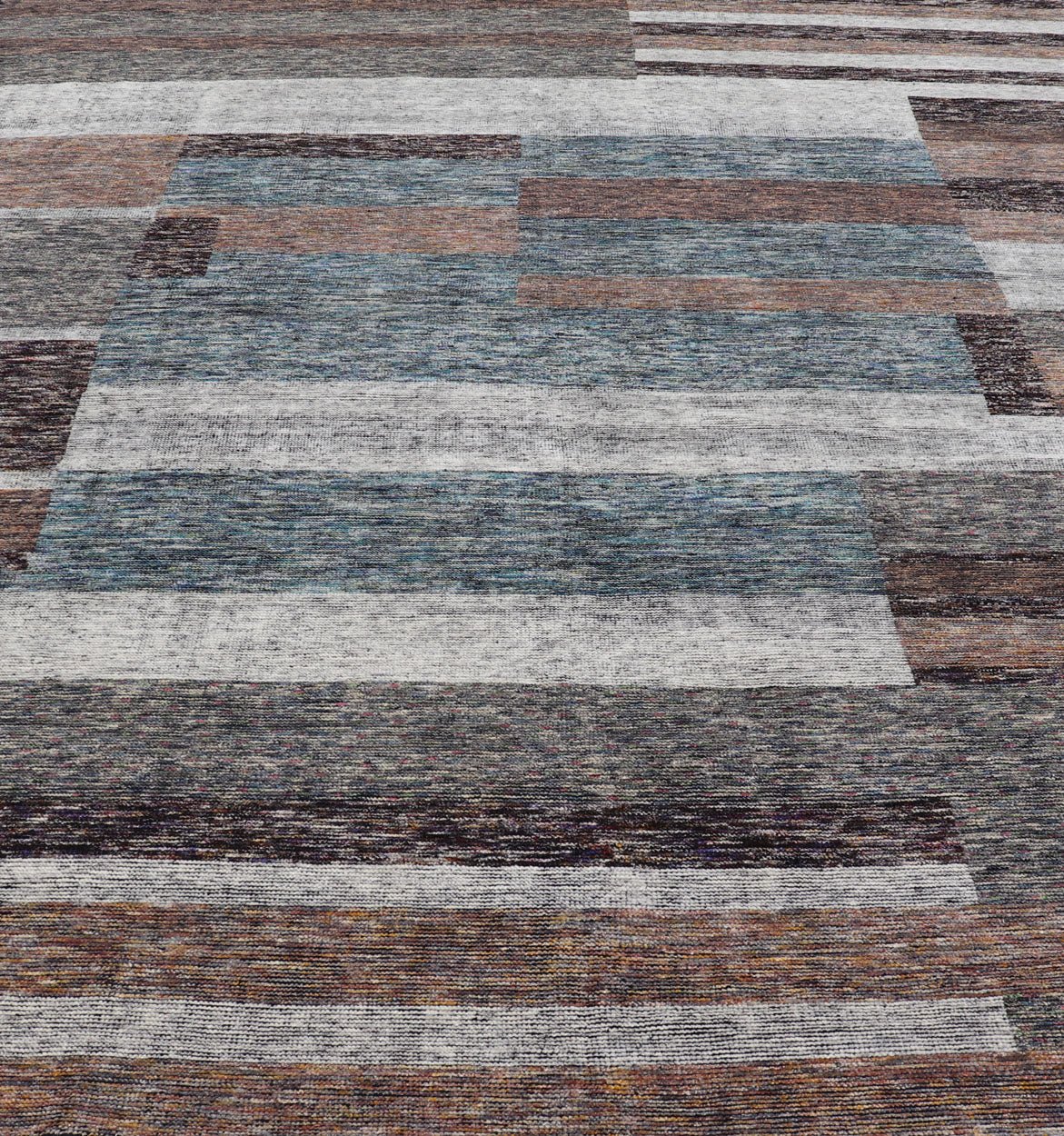 Modern Indian Wool Abstract Design Large Area Rug in Blues and Neutrals Measures 11'10 x 14'10 This oversized area rug features soft wool hand - knotted into a durable and smooth pile. The field has no border, and displays an abstract desi... - Keivan Woven ArtsKHN - 18953 - TR - 692 - 21018