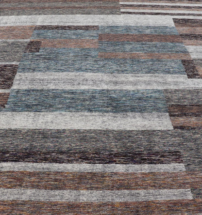 Modern Indian Wool Abstract Design Large Area Rug in Blues and Neutrals Measures 11'10 x 14'10 This oversized area rug features soft wool hand - knotted into a durable and smooth pile. The field has no border, and displays an abstract desi... - Keivan Woven ArtsKHN - 18953 - TR - 692 - 21018