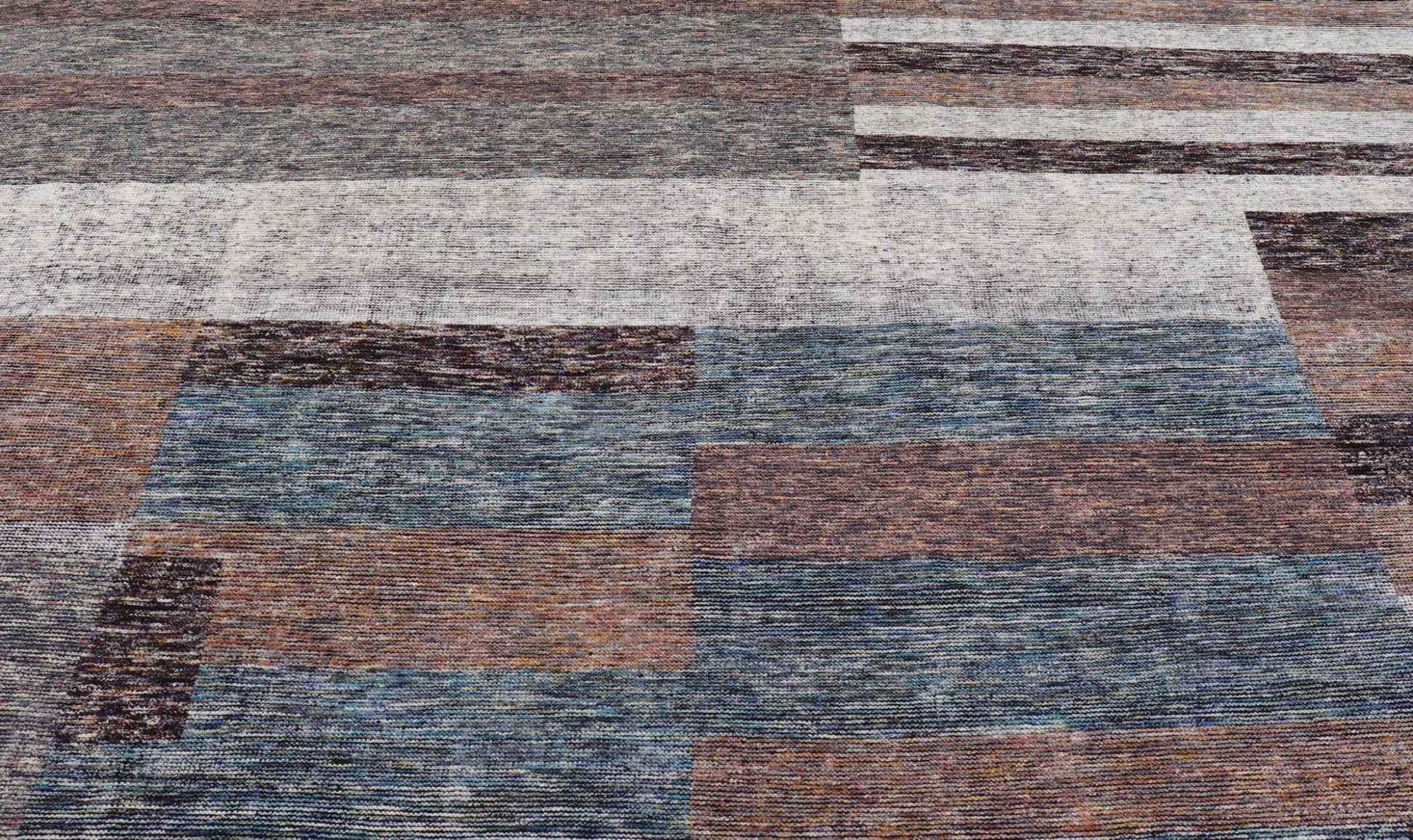 Modern Indian Wool Abstract Design Large Area Rug in Blues and Neutrals Measures 11'10 x 14'10 This oversized area rug features soft wool hand - knotted into a durable and smooth pile. The field has no border, and displays an abstract desi... - Keivan Woven ArtsKHN - 18953 - TR - 692 - 21018