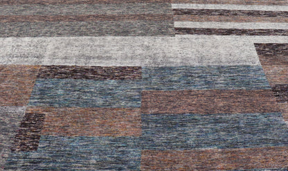 Modern Indian Wool Abstract Design Large Area Rug in Blues and Neutrals Measures 11'10 x 14'10 This oversized area rug features soft wool hand - knotted into a durable and smooth pile. The field has no border, and displays an abstract desi... - Keivan Woven ArtsKHN - 18953 - TR - 692 - 21018