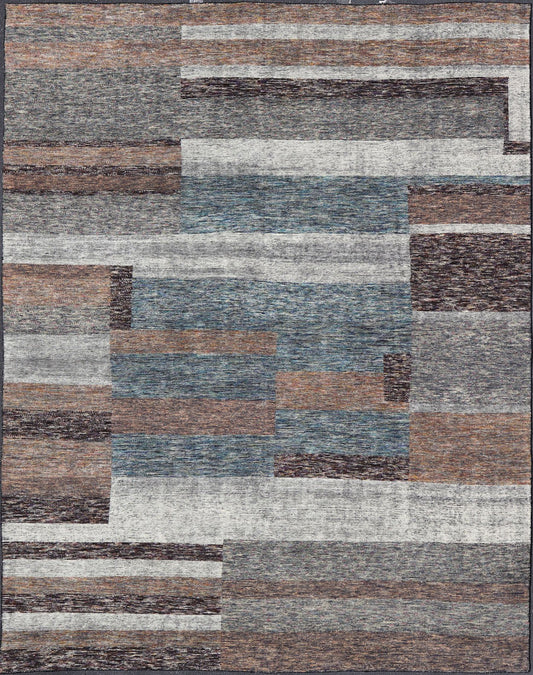 Modern Indian Wool Abstract Design Large Area Rug in Blues and Neutrals Measures 11'10 x 14'10 This oversized area rug features soft wool hand - knotted into a durable and smooth pile. The field has no border, and displays an abstract desi... - Keivan Woven ArtsKHN - 18953 - TR - 692 - 21018