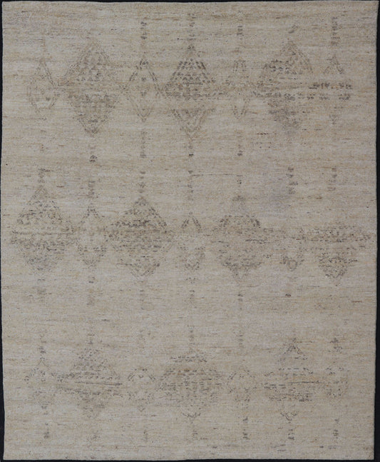 Moroccan Styled Diamond Design on All - Beige Modern Area Rug Measures 13'0 x 17'8 This modern rugs field is rendered in a blend of cream and beige, while the design is a gray. The vertical diamonds loosely resemble that of Moroccan triba... - Keivan Woven ArtsKHN - 34906 - TR - 1057 - 21024