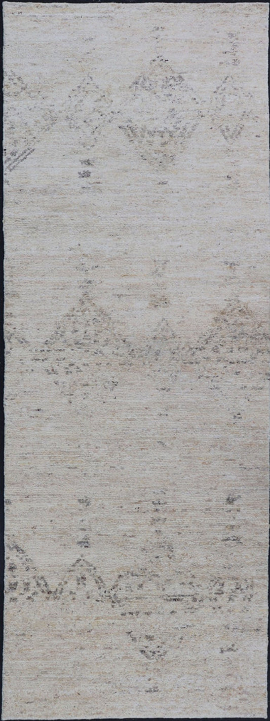 Long Modern Gallery Runner in Neutrals With Moroccan Styled Diamond Design Measures 4'5 x 14'0 This modern gallery runner features a creamy beige field homing darker neutral diamonds, loosely resembling Moroccan tribal designs. This pie... - Keivan Woven ArtsKHN - 34907 - TR - 1057 - 21054Rug