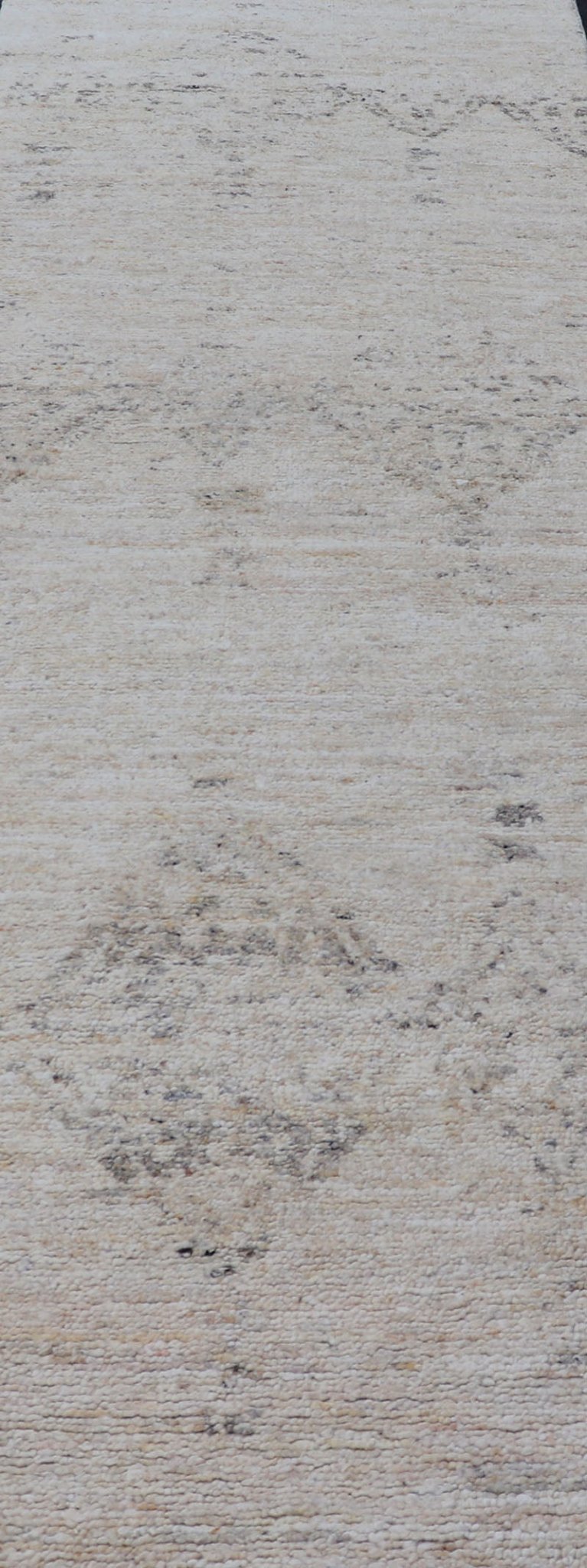 Long Modern Gallery Runner in Neutrals With Moroccan Styled Diamond Design Measures 4'5 x 14'0 This modern gallery runner features a creamy beige field homing darker neutral diamonds, loosely resembling Moroccan tribal designs. This pie... - Keivan Woven ArtsKHN - 34907 - TR - 1057 - 21054Rug