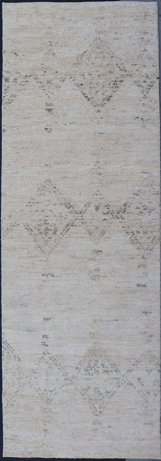 Long Modern Gallery Runner in Neutrals With Moroccan Styled Diamond Design Measures 4'5 x 14'0 This modern gallery runner features a creamy beige field homing darker neutral diamonds, loosely resembling Moroccan tribal designs. This pie... - Keivan Woven ArtsKHN - 34908 - TR - 1057 - 21060Rug