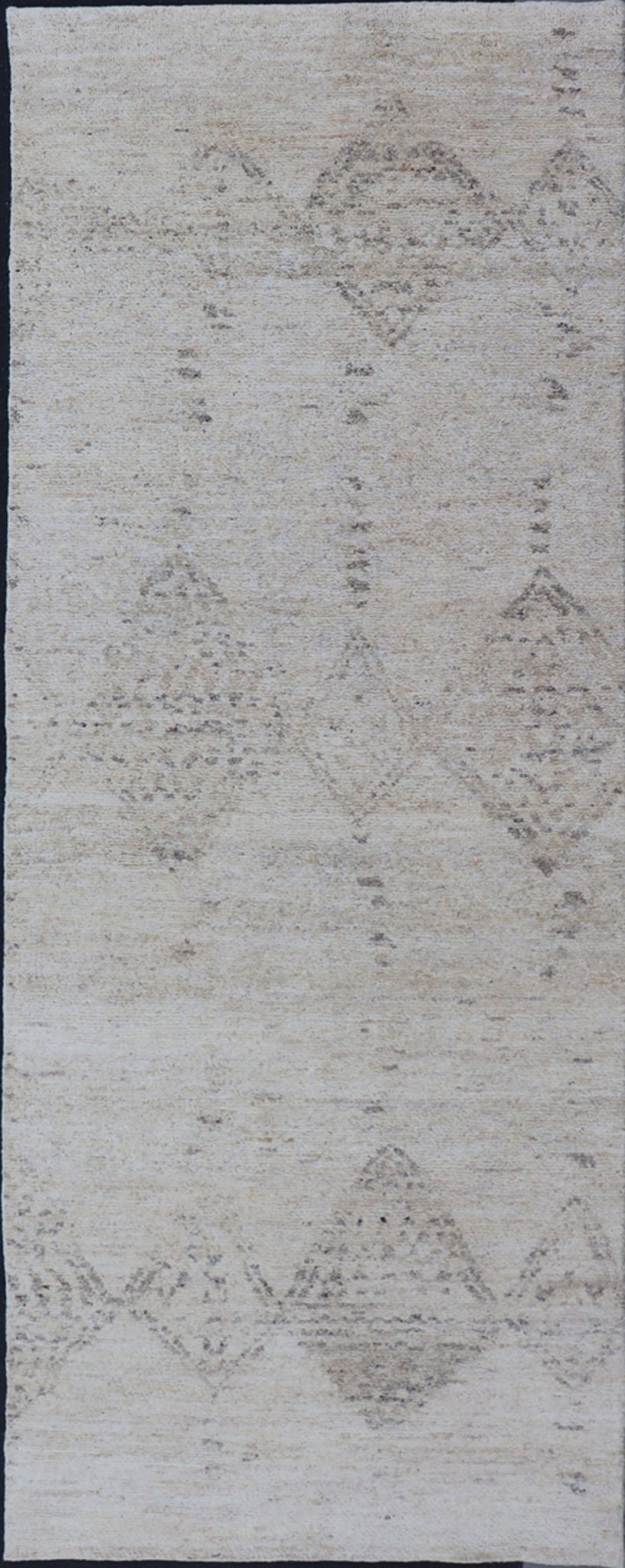 Hand Knotted Neutral Modern Gallery Runner with Tribal Diamond Design in Light Gray Measures 5'3 x 15'0 This modern Indian gallery runner features a faded creamy beige field homing light gray diamonds, loosely resembling Moroccan triba... - Keivan Woven ArtsKHN - 34909 - TR - 1057 - 21066