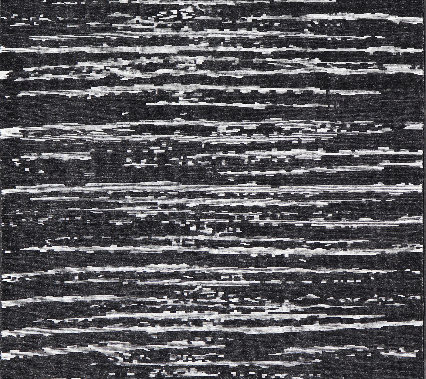 Black and White Hand Knotted Modern Rug in Abstract Design Modern Abstract Designed Striped Black and White Hand Knotted Rug in Wool Measures 9'9 x 15'0 The field is an asymmetrical blend of black and white. The piece features two d... - Keivan Woven ArtsKHN - 44836 - TR - 1124 - 21072