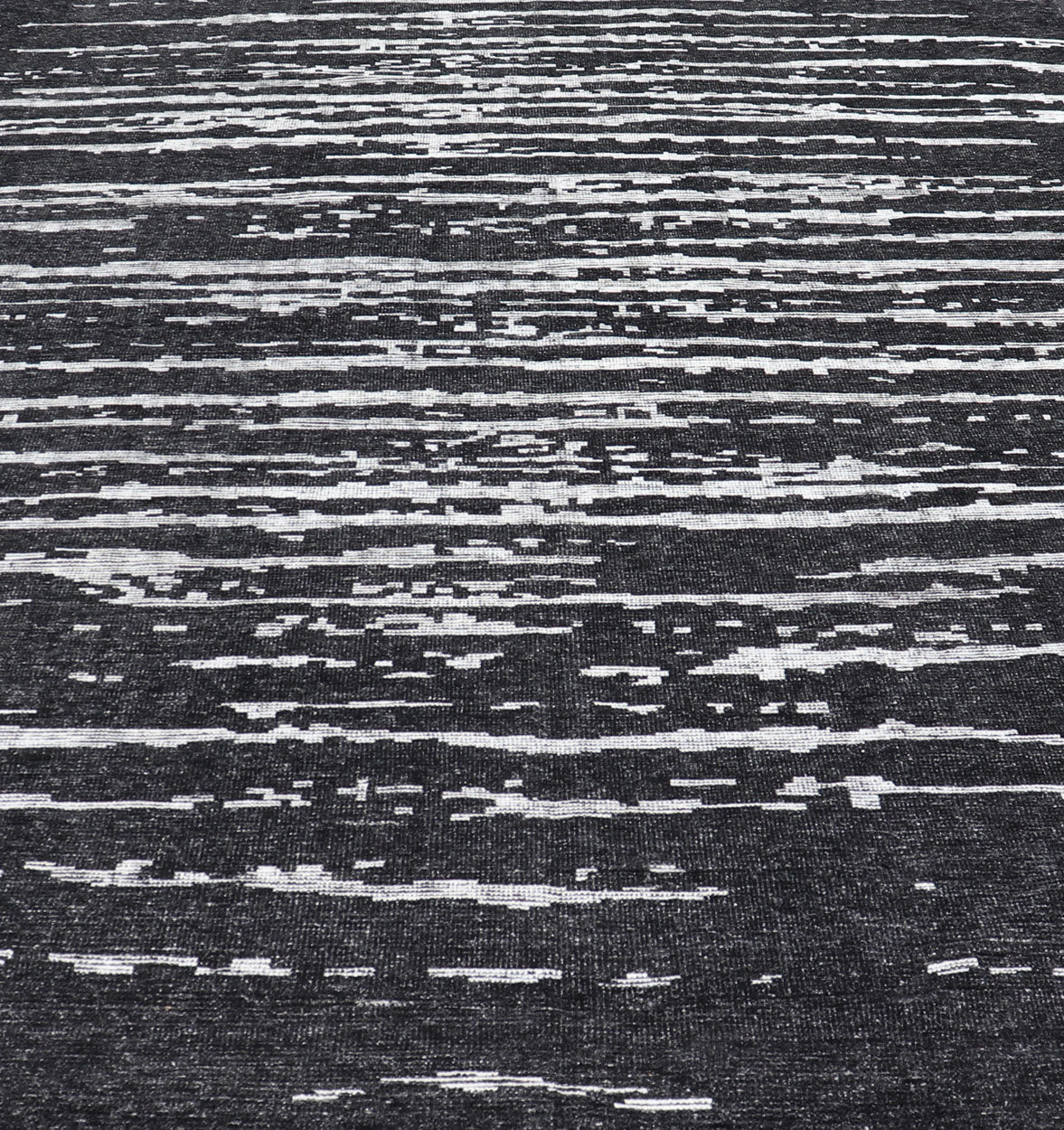 Black and White Hand Knotted Modern Rug in Abstract Design Modern Abstract Designed Striped Black and White Hand Knotted Rug in Wool Measures 9'9 x 15'0 The field is an asymmetrical blend of black and white. The piece features two d... - Keivan Woven ArtsKHN - 44836 - TR - 1124 - 21072