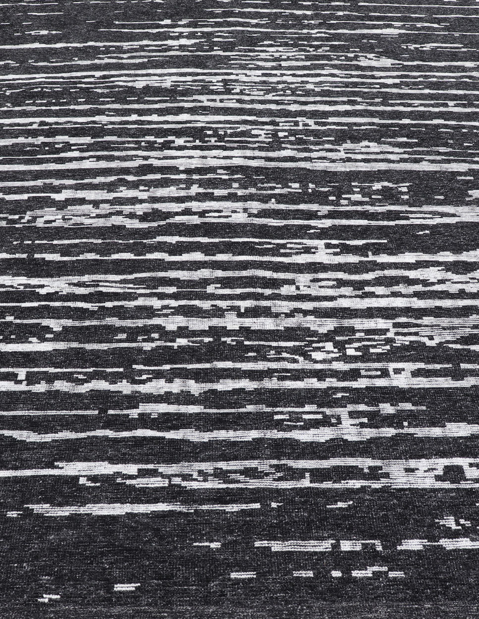 Black and White Hand Knotted Modern Rug in Abstract Design Modern Abstract Designed Striped Black and White Hand Knotted Rug in Wool Measures 9'9 x 15'0 The field is an asymmetrical blend of black and white. The piece features two d... - Keivan Woven ArtsKHN - 44836 - TR - 1124 - 21072