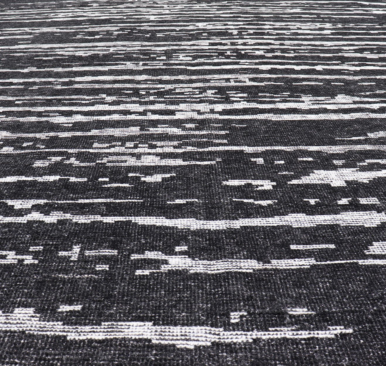 Black and White Hand Knotted Modern Rug in Abstract Design Modern Abstract Designed Striped Black and White Hand Knotted Rug in Wool Measures 9'9 x 15'0 The field is an asymmetrical blend of black and white. The piece features two d... - Keivan Woven ArtsKHN - 44836 - TR - 1124 - 21072