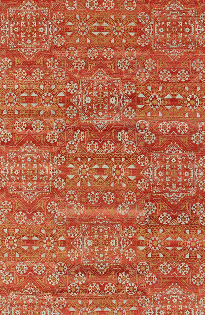 Red, chartreuse Green Turkish Tribal Ottoman Mamluk Rug with Repeating Design. red background with accent chartreuse Green and light gray/blue vintage Turkish tribal ottoman rug with repeating design, rug KOL - 59569, country of origin / type: Afghan... - Keivan Woven ArtsKOL - 59569 - 8950Rug
