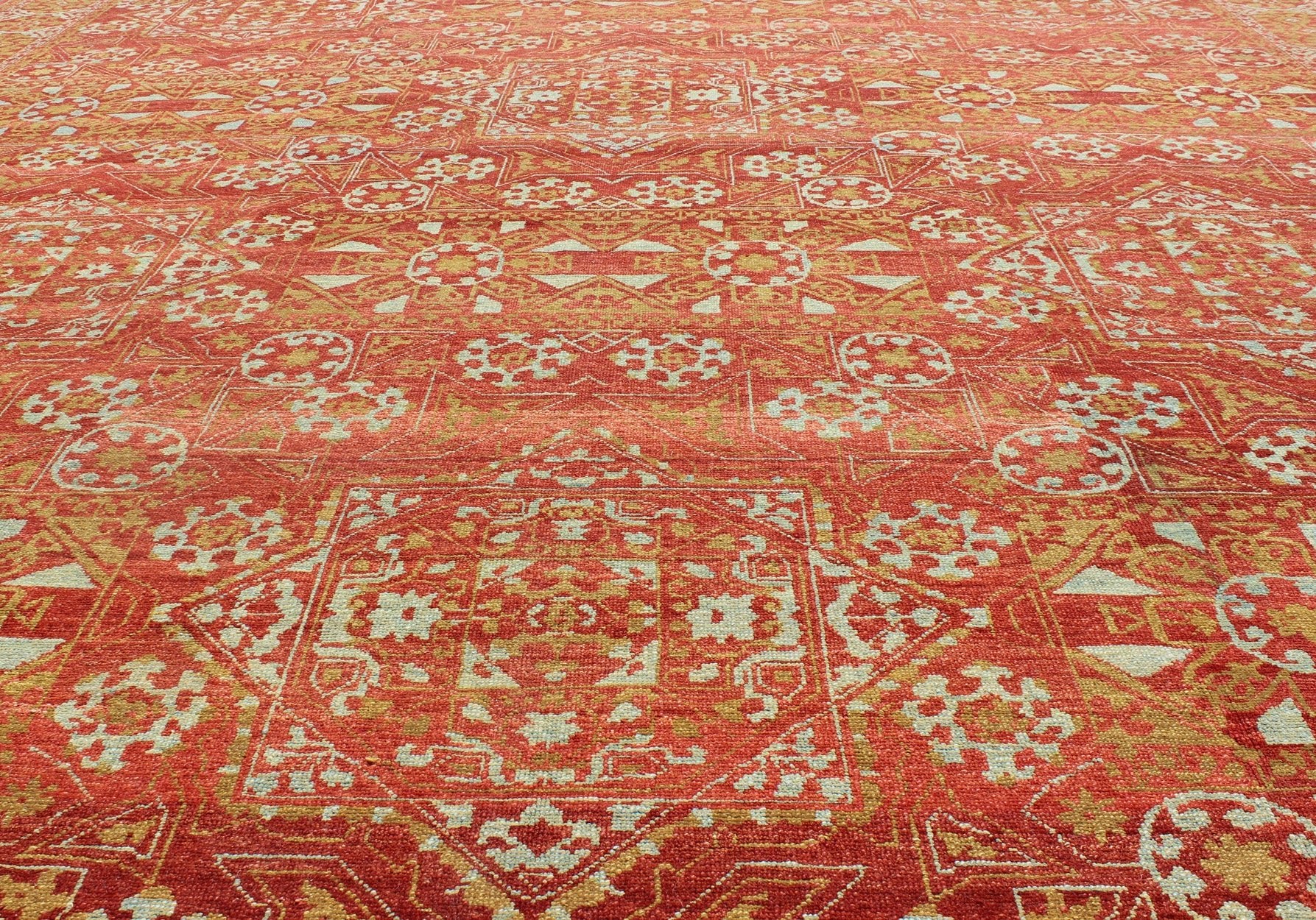 Red, chartreuse Green Turkish Tribal Ottoman Mamluk Rug with Repeating Design. red background with accent chartreuse Green and light gray/blue vintage Turkish tribal ottoman rug with repeating design, rug KOL - 59569, country of origin / type: Afghan... - Keivan Woven ArtsKOL - 59569 - 8950Rug
