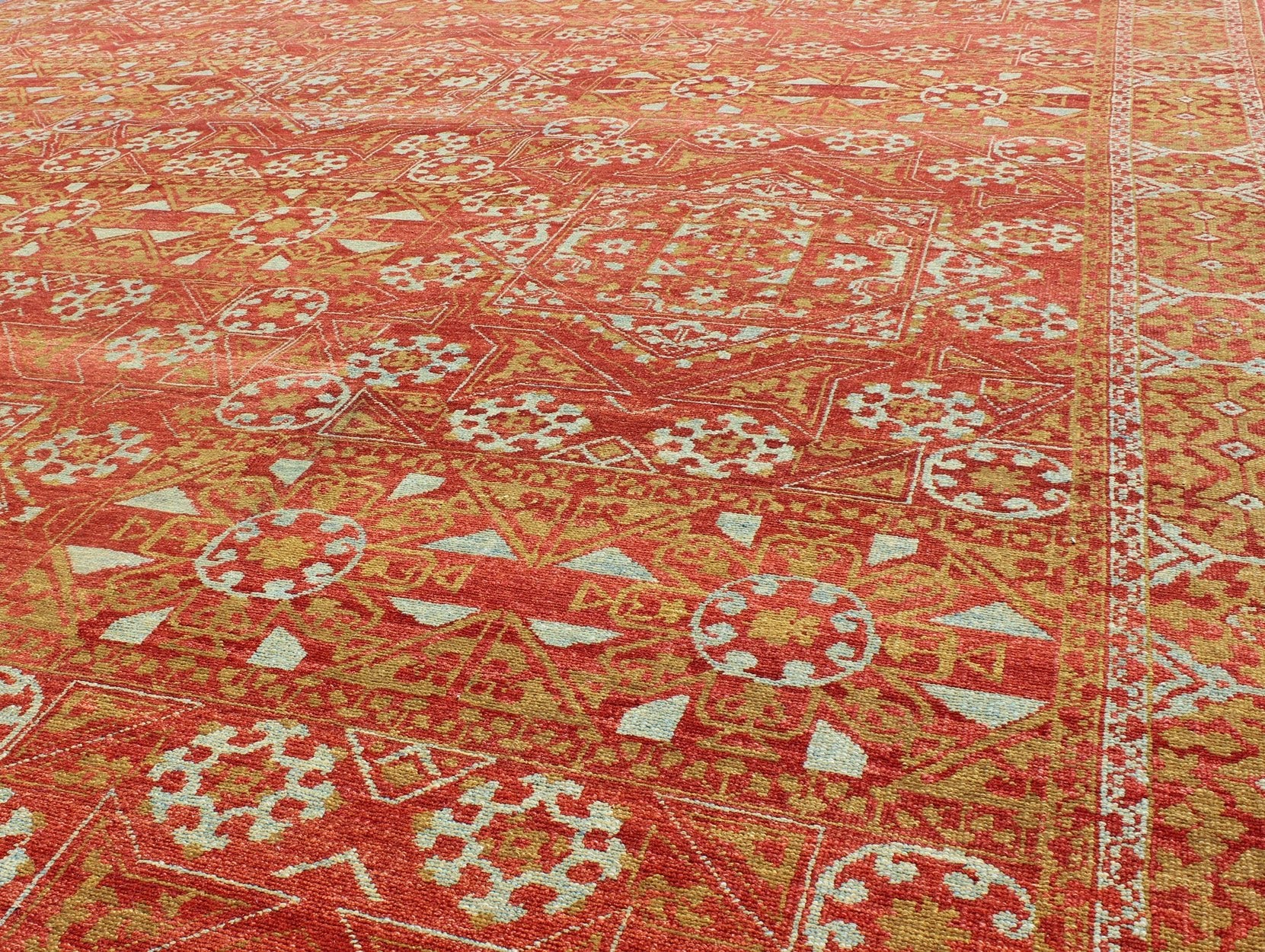 Red, chartreuse Green Turkish Tribal Ottoman Mamluk Rug with Repeating Design. red background with accent chartreuse Green and light gray/blue vintage Turkish tribal ottoman rug with repeating design, rug KOL - 59569, country of origin / type: Afghan... - Keivan Woven ArtsKOL - 59569 - 8950Rug