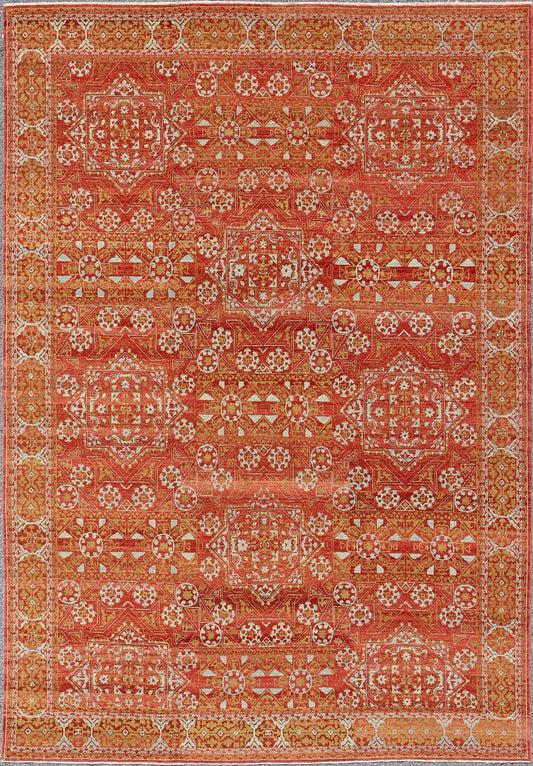 Red, chartreuse Green Turkish Tribal Ottoman Mamluk Rug with Repeating Design. red background with accent chartreuse Green and light gray/blue vintage Turkish tribal ottoman rug with repeating design, rug KOL - 59569, country of origin / type: Afghan... - Keivan Woven ArtsKOL - 59569 - 8950Rug