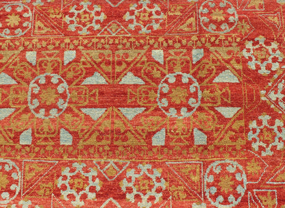 Red, chartreuse Green Turkish Tribal Ottoman Mamluk Rug with Repeating Design. red background with accent chartreuse Green and light gray/blue vintage Turkish tribal ottoman rug with repeating design, rug KOL - 59569, country of origin / type: Afghan... - Keivan Woven ArtsKOL - 59569 - 8950Rug