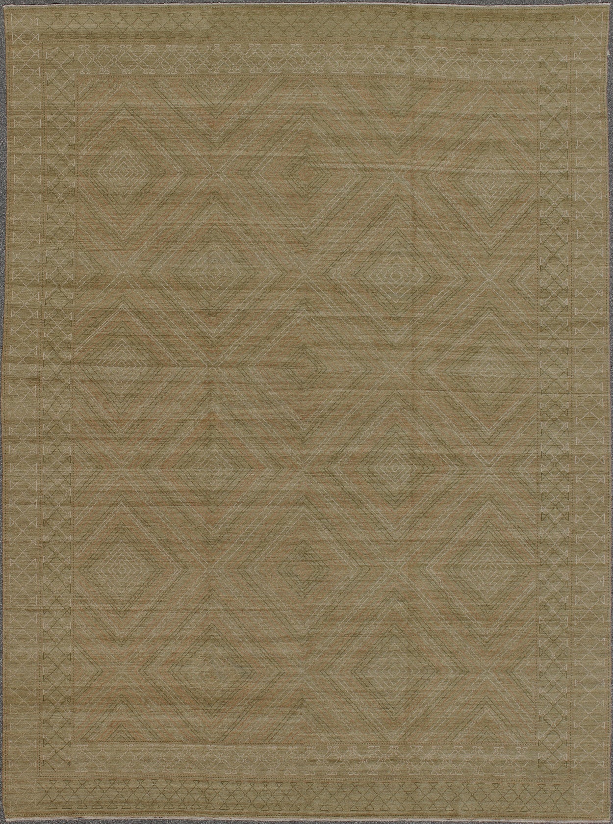 Large Modern Rug with Transitional Diamond Design in Green, Salmon, Ivory & Brown. Modern rug with all - over modern diamond design, rug KOL - 60809 country of origin / type: Afghanistan/ Modern This Transitional/modern rug with a contempora... - Keivan Woven ArtsKOL - 60809 - 8956Rug