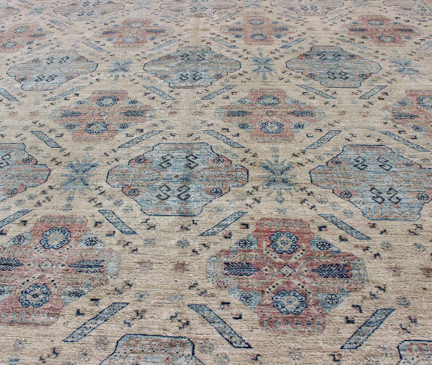 Afghan Khotan Rug with All - Over Geometric Pattern in Pink and Light Blue. Light Khotan rug with geometric Medallions, rug KOL - 67784 country of origin / type: Afghanistan / Khotan This Khotan features a geometric all - over design flanked by a ... - Keivan Woven ArtsKOL - 67784 - 8960Rug