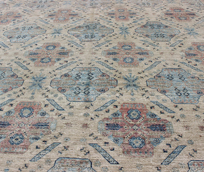 Afghan Khotan Rug with All - Over Geometric Pattern in Pink and Light Blue. Light Khotan rug with geometric Medallions, rug KOL - 67784 country of origin / type: Afghanistan / Khotan This Khotan features a geometric all - over design flanked by a ... - Keivan Woven ArtsKOL - 67784 - 8960Rug
